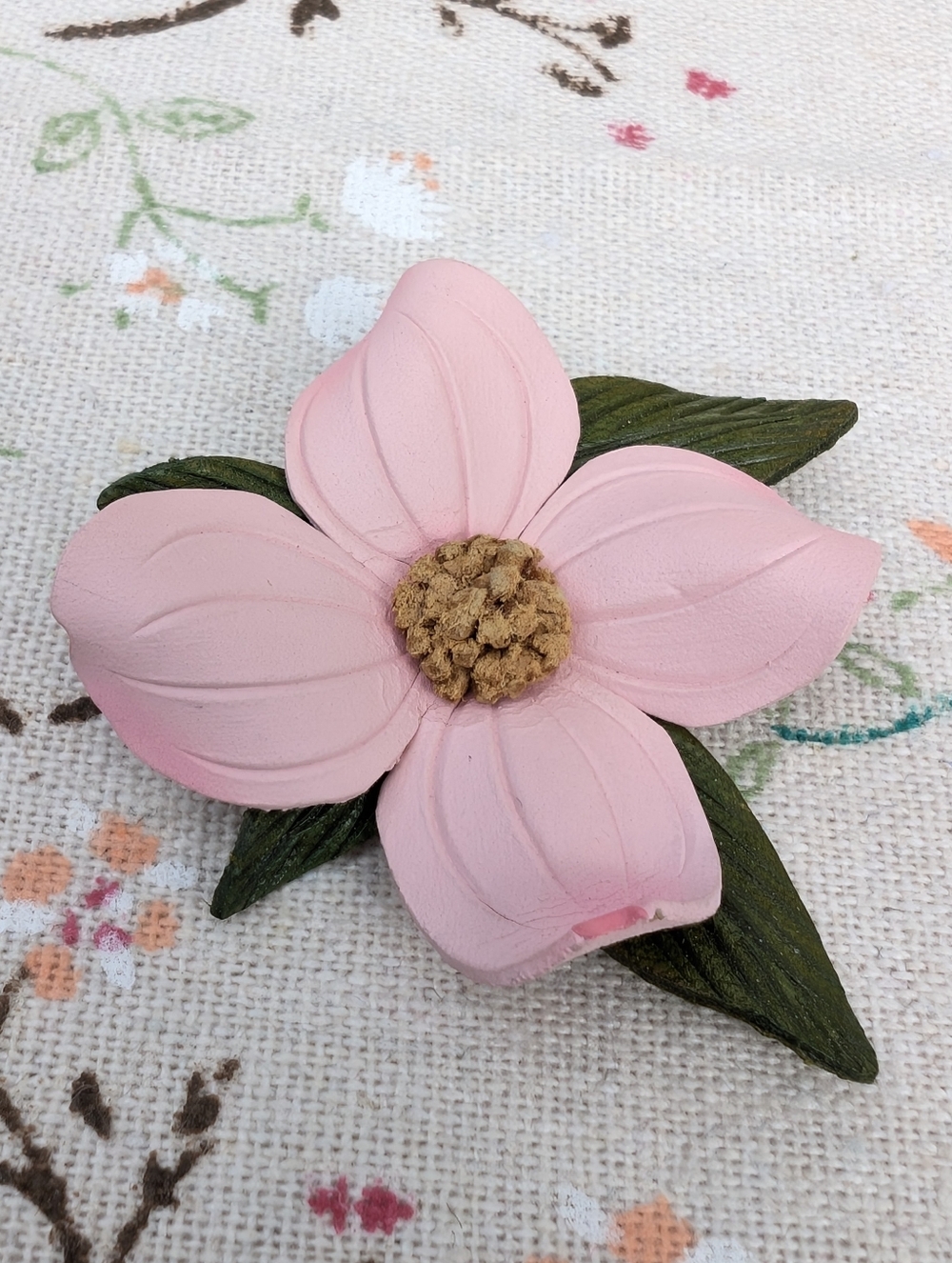 Vintage Pink Leather Flower Brooch, Romantic Cottagecore Jewelry